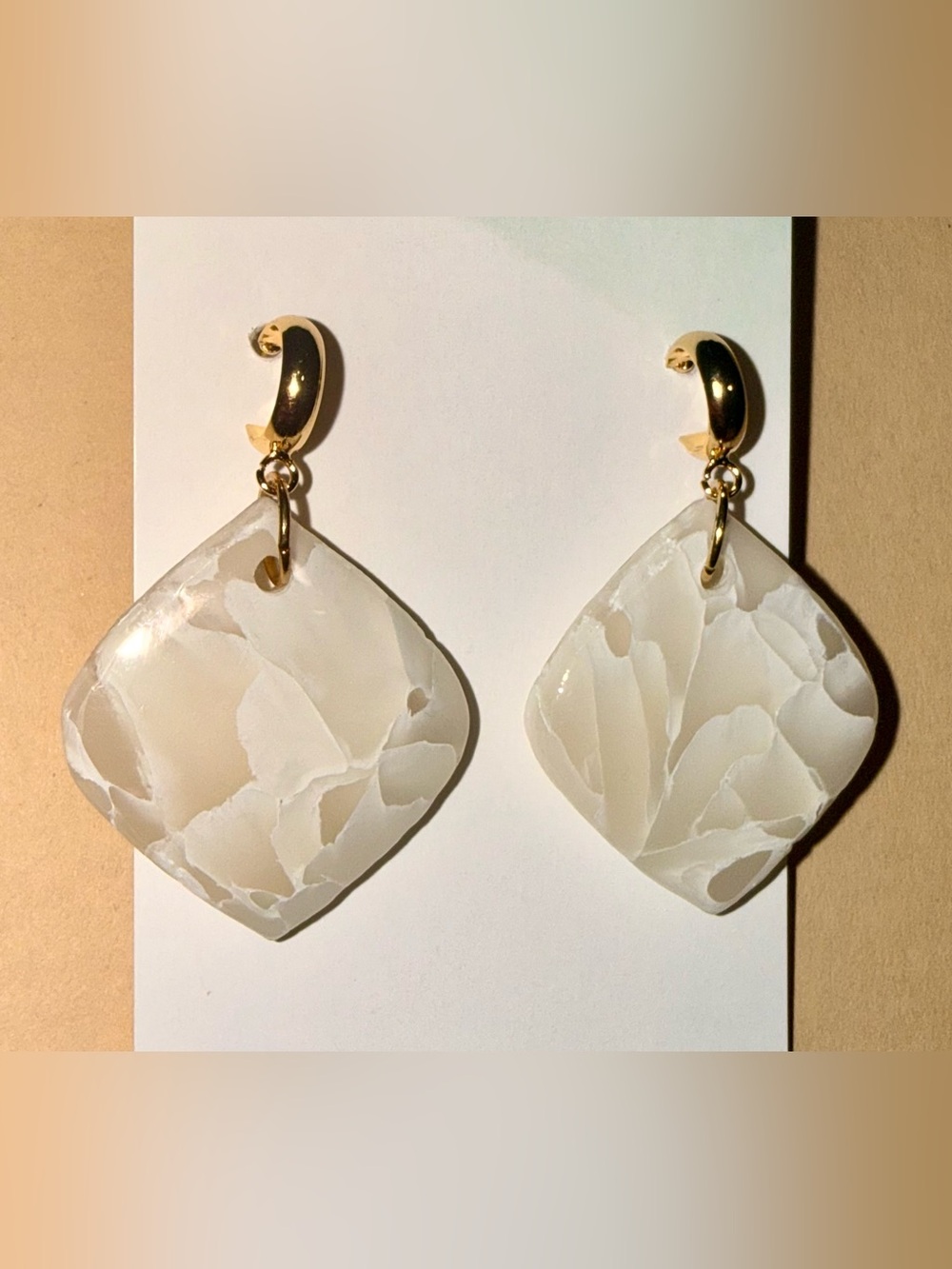 Tulis_Jewelry, Cream Marble Drop Earrings with Gold Hooks, NWT, Handmade in PR - Picture 2 of 3